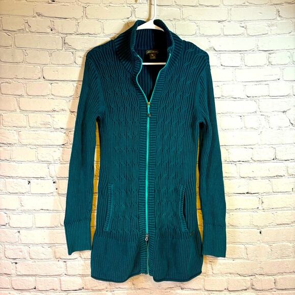 Eddie Bauer Double Zip Teal Slim Fit Sweater Size Medium AA0520 - Picture 1 of 8